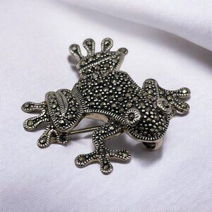 Sterling Silver 925 Marcasite Big Eye Frog Pendant Brooch Pin Vintage Amphibian